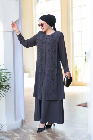 Boncuk İşlemeli Füme Tesettür Abaya 29121FU - 3