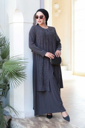 Boncuk İşlemeli Füme Tesettür Abaya 29121FU - 4