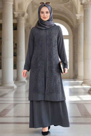 Boncuk İşlemeli Füme Tesettür Abaya 29121FU - 1