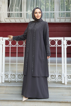 Boncuk İşlemeli Füme Tesettür Abaya 29131FU - 1