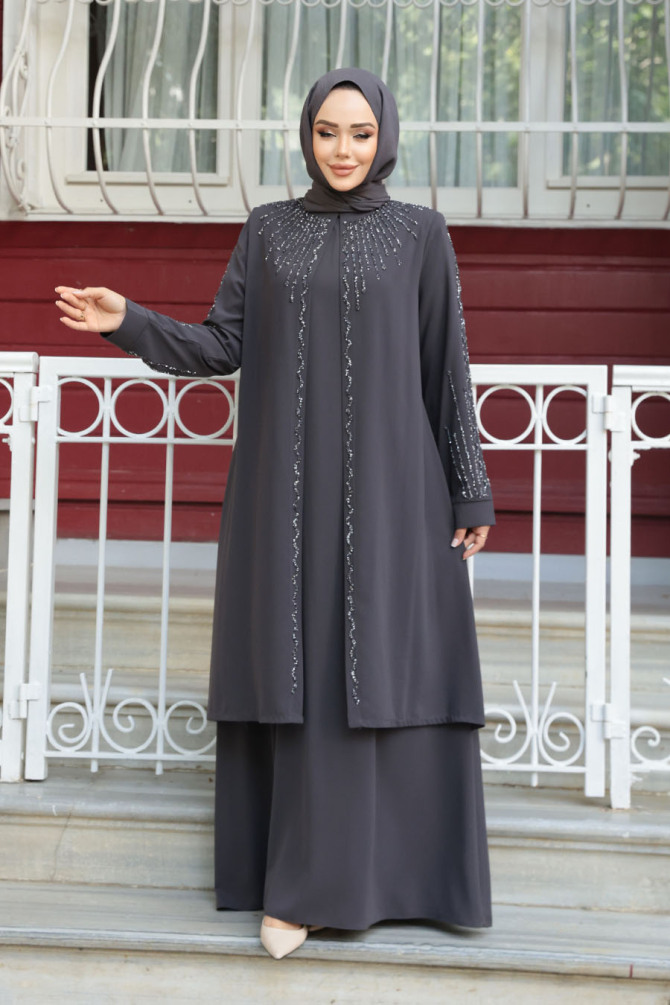 Boncuk İşlemeli Füme Tesettür Abaya 29131FU - 3