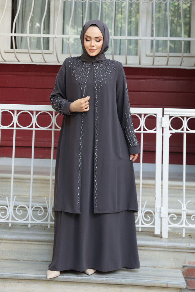 Boncuk İşlemeli Füme Tesettür Abaya 29131FU - 2