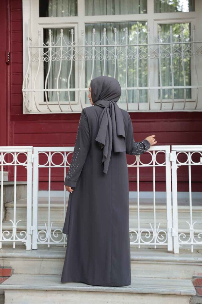 Boncuk İşlemeli Füme Tesettür Abaya 29131FU - 4