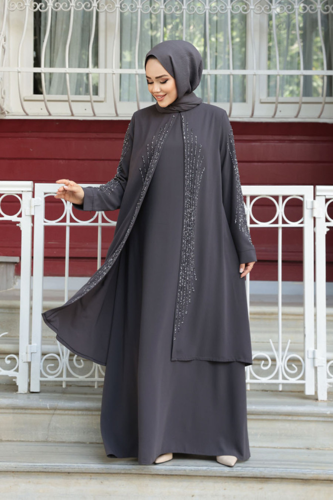 Boncuk İşlemeli Füme Tesettür Abaya 29132FU - 1