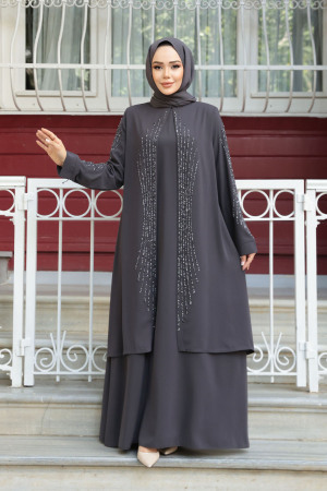 Boncuk İşlemeli Füme Tesettür Abaya 29132FU - 2