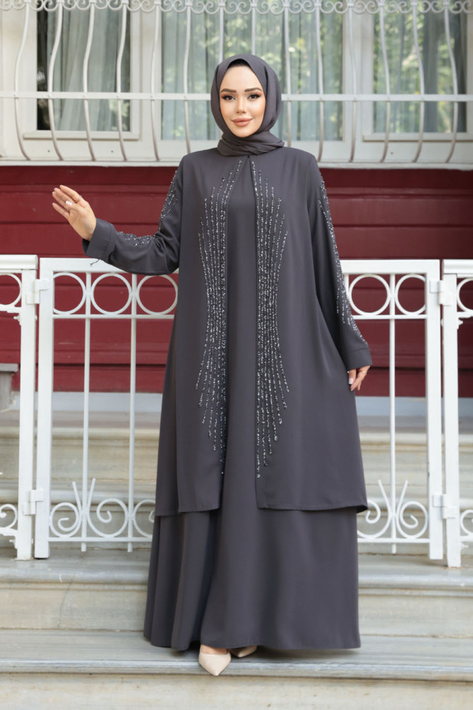 Boncuk İşlemeli Füme Tesettür Abaya 29132FU - 2