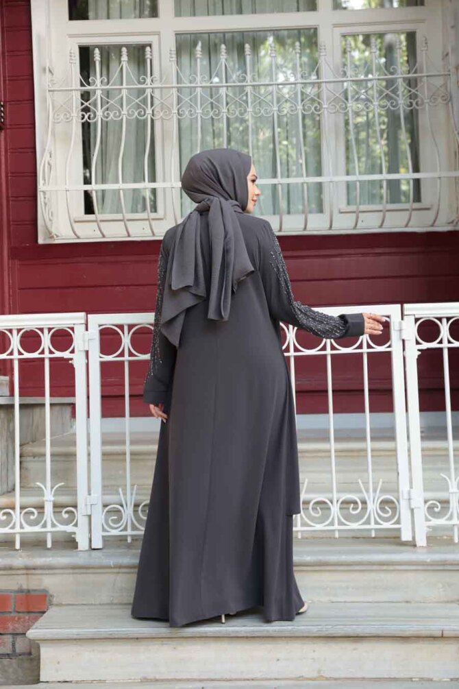Boncuk İşlemeli Füme Tesettür Abaya 29132FU - 3