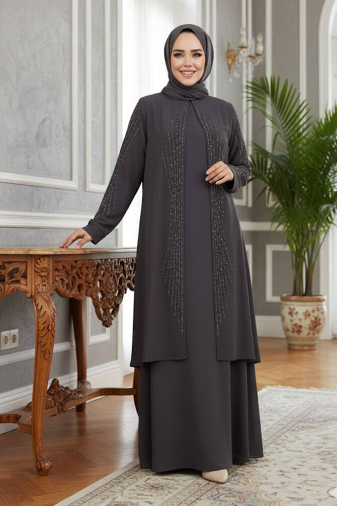 Boncuk İşlemeli Füme Tesettür Abaya 29132FU - 1
