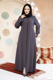 Boncuk İşlemeli Füme Tesettür Abaya 61365FU - 2