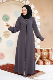 Boncuk İşlemeli Füme Tesettür Abaya 61365FU - 3