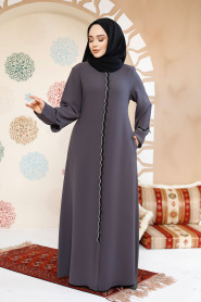 Boncuk İşlemeli Füme Tesettür Abaya 61365FU - 1