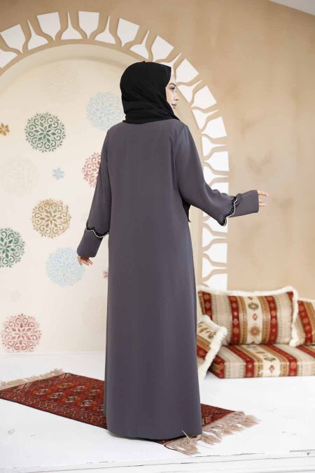 Boncuk İşlemeli Füme Tesettür Abaya 61365FU - 4