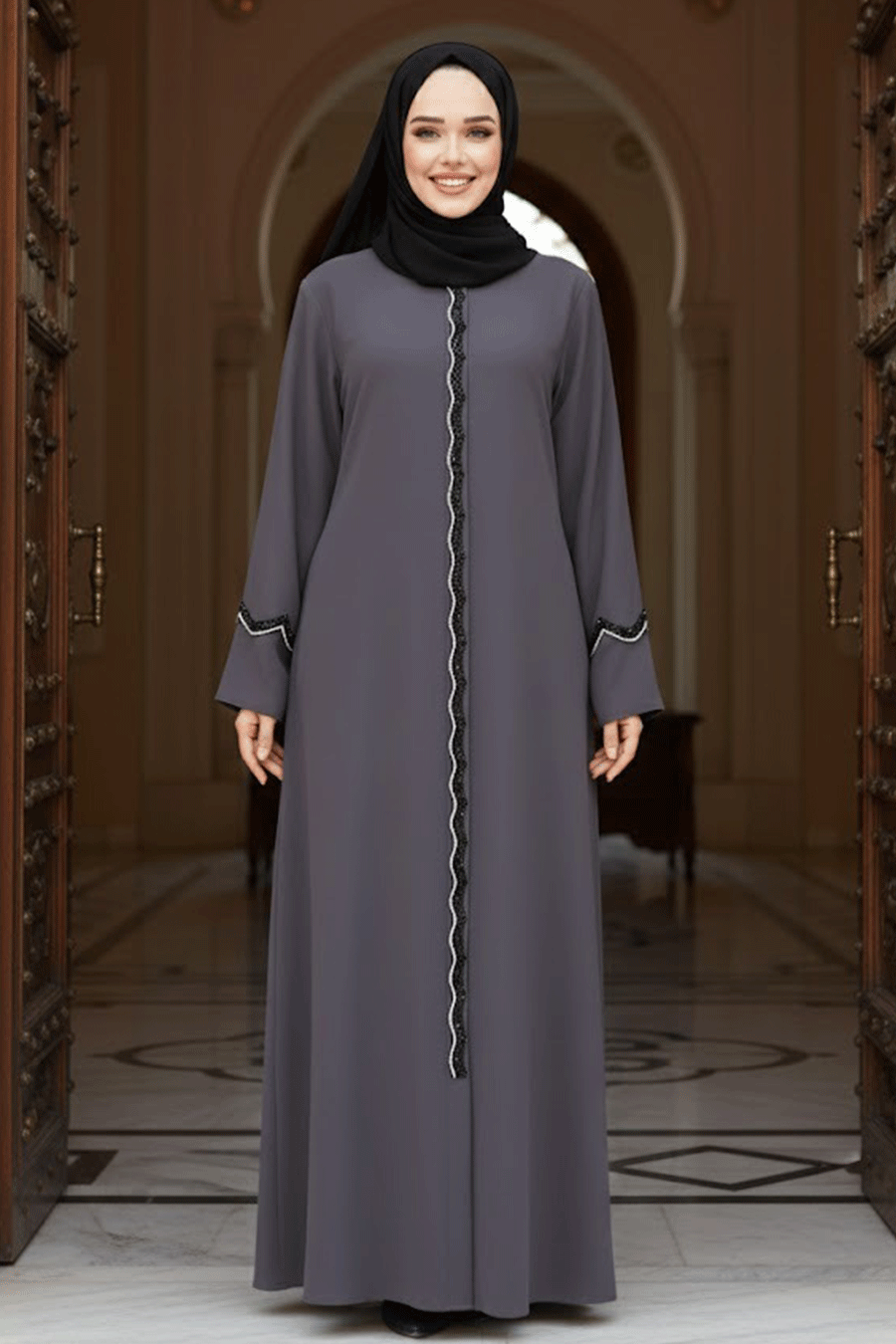 Boncuk İşlemeli Füme Tesettür Abaya 61365FU