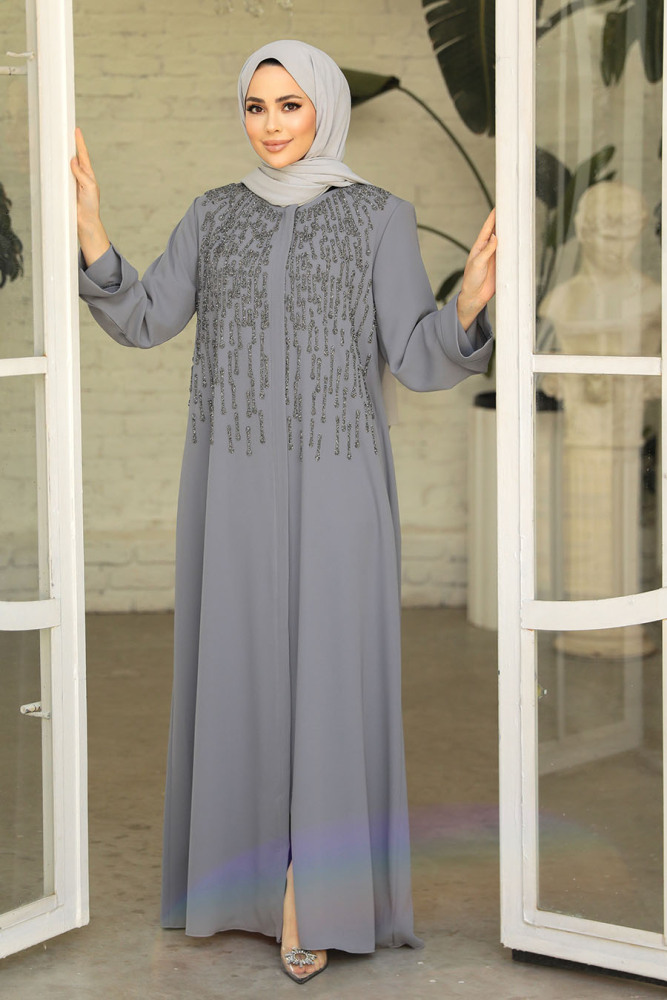 Boncuk İşlemeli Gri Tesettür Abaya 29106GR - 2