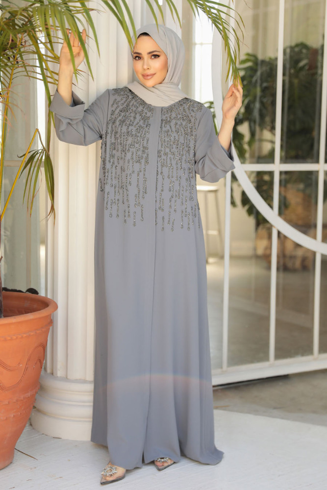 Boncuk İşlemeli Gri Tesettür Abaya 29106GR - 3