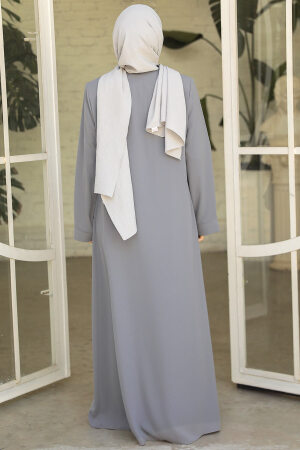 Boncuk İşlemeli Gri Tesettür Abaya 29106GR - 4