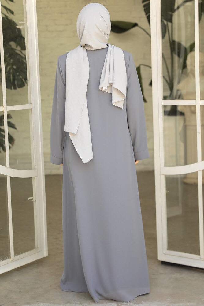 Boncuk İşlemeli Gri Tesettür Abaya 29106GR - 4