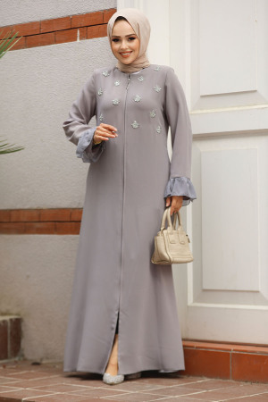Boncuk İşlemeli Gri Tesettür Abaya 520090GR - 2