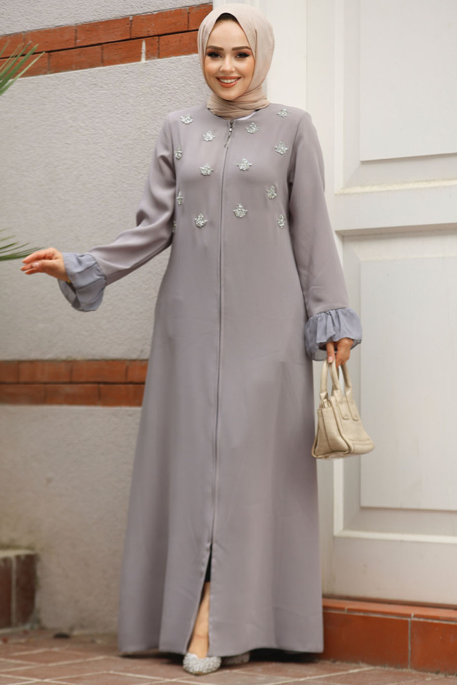 Boncuk İşlemeli Gri Tesettür Abaya 520090GR - 1