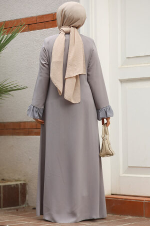 Boncuk İşlemeli Gri Tesettür Abaya 520090GR - 3