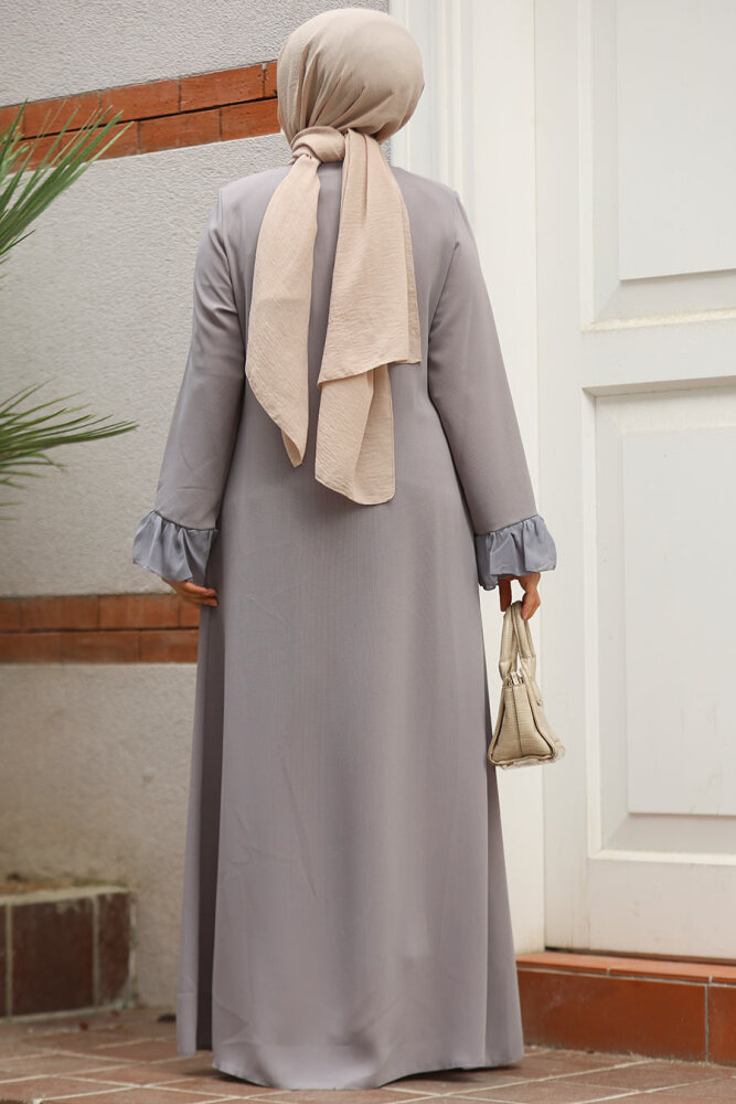 Boncuk İşlemeli Gri Tesettür Abaya 520090GR - 3