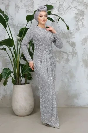 Boncuk İşlemeli Gri Tesettür Abiye Elbise 50371GR - 1