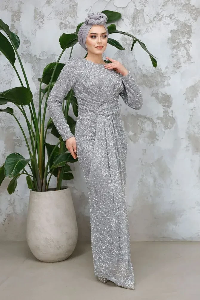 Boncuk İşlemeli Gri Tesettür Abiye Elbise 50371GR - 1