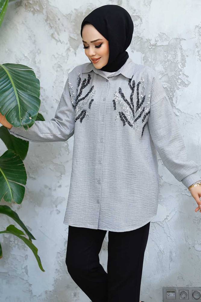 Boncuk İşlemeli Gri Tesettür Gömlek 4526GR - NEVA STYLE