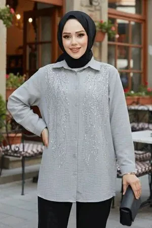 Boncuk İşlemeli Gri Tesettür Gömlek 45280GR 