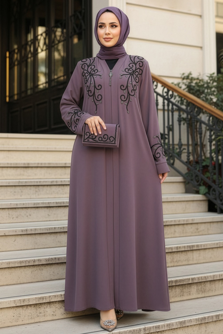 Boncuk İşlemeli Gül Kurusu Tesettür Abaya 29107GK