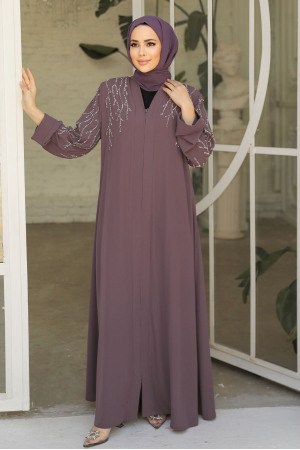 Boncuk İşlemeli Gül Kurusu Tesettür Abaya 29110GK - 2