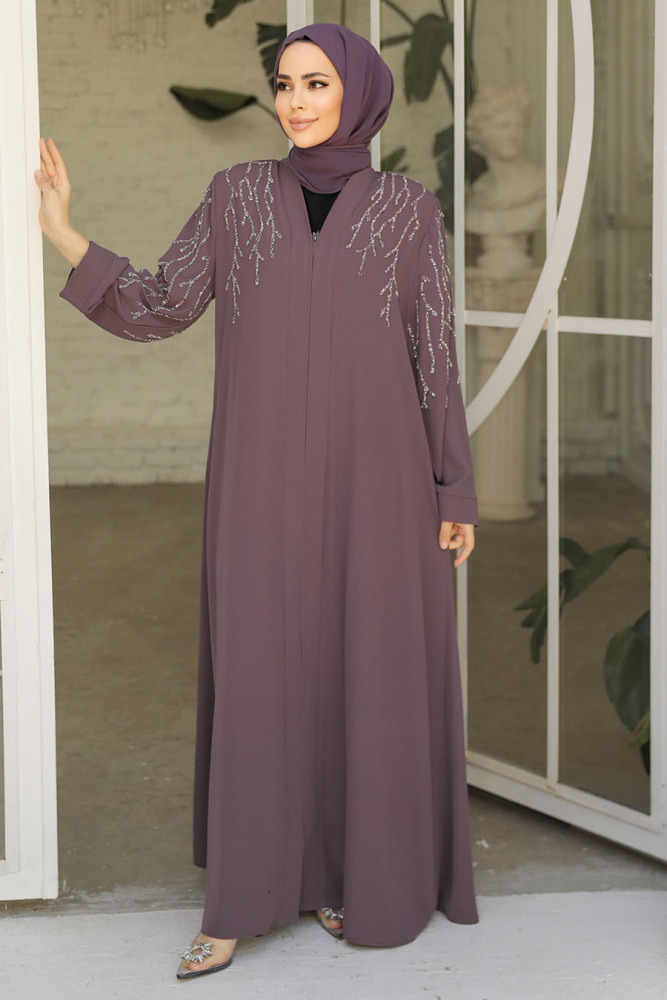 Boncuk İşlemeli Gül Kurusu Tesettür Abaya 29110GK - 1
