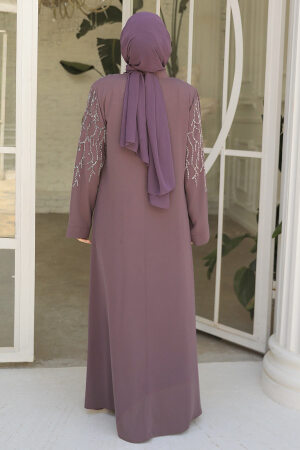 Boncuk İşlemeli Gül Kurusu Tesettür Abaya 29110GK - 3