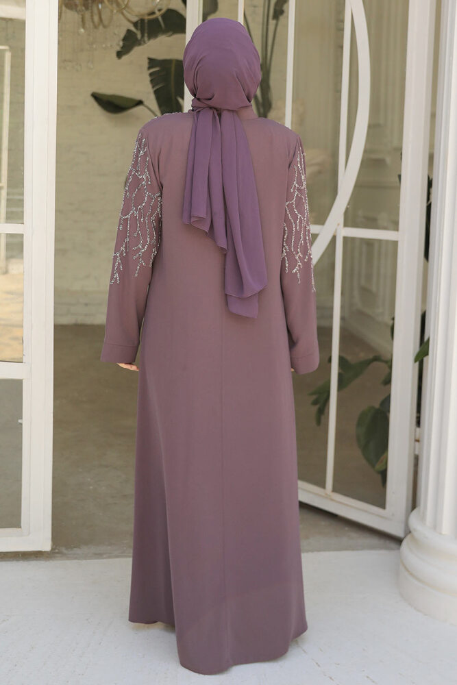 Boncuk İşlemeli Gül Kurusu Tesettür Abaya 29110GK - 3