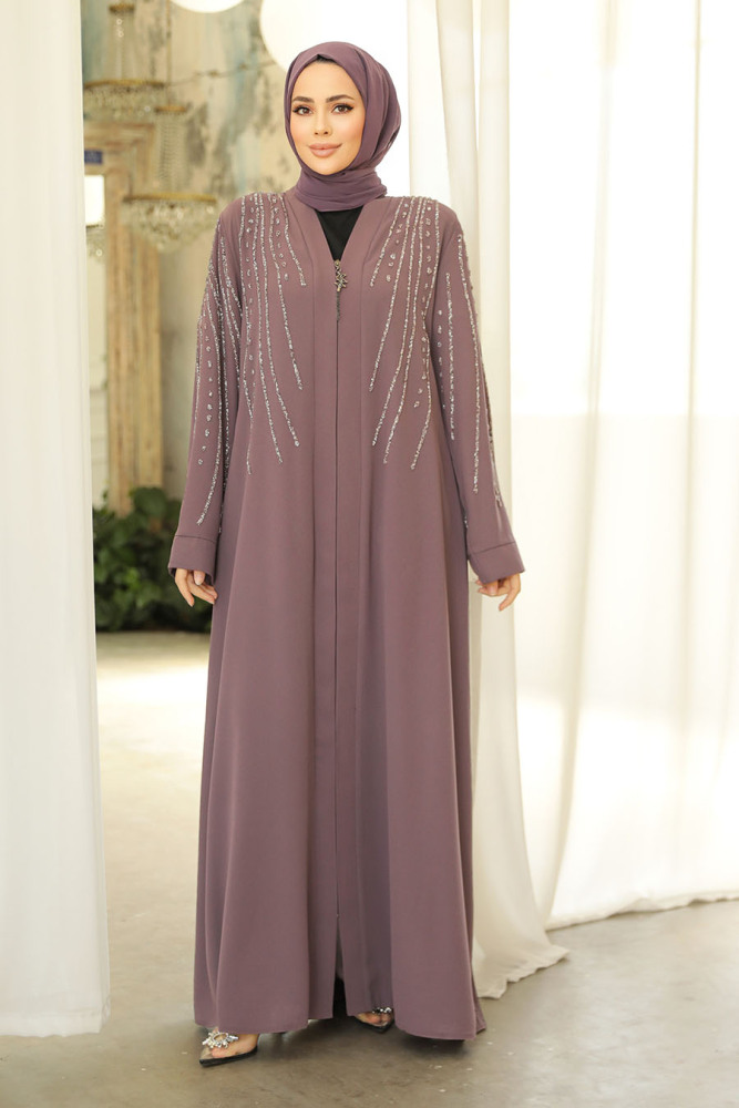 Boncuk İşlemeli Gül Kurusu Tesettür Abaya 29111GK - 2