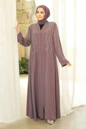 Boncuk İşlemeli Gül Kurusu Tesettür Abaya 29111GK 