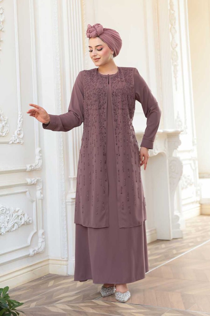 Boncuk İşlemeli Gül Kurusu Tesettür Abaya 29119GK - 2