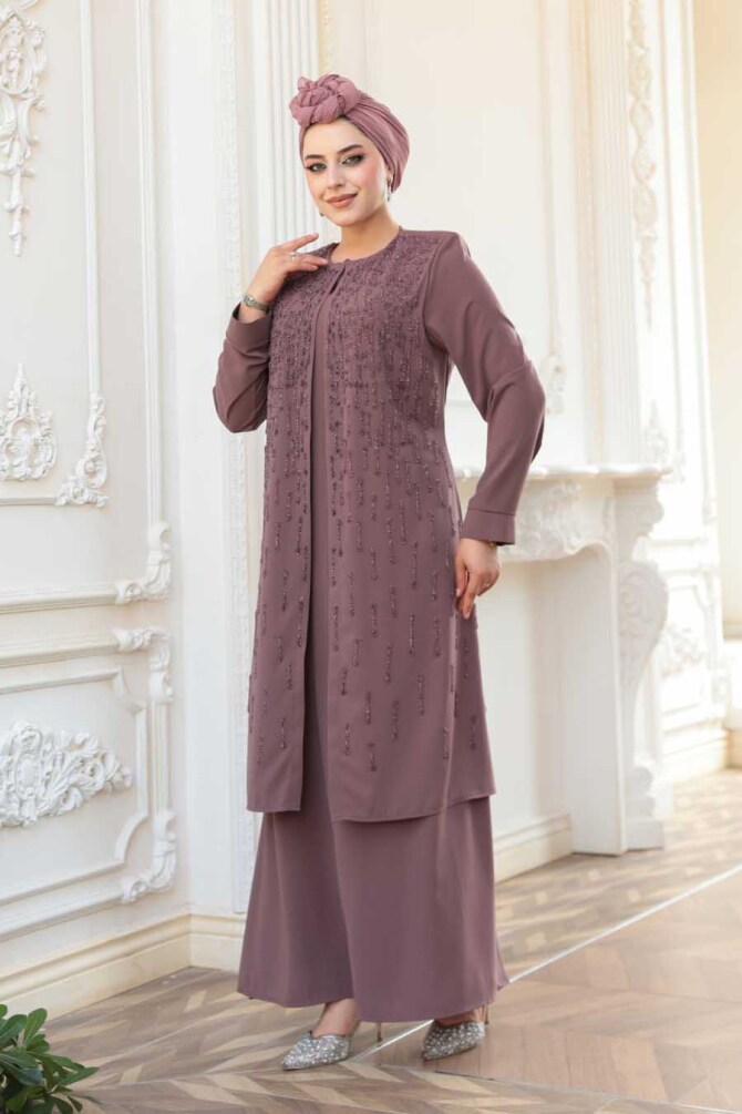 Boncuk İşlemeli Gül Kurusu Tesettür Abaya 29119GK - 3