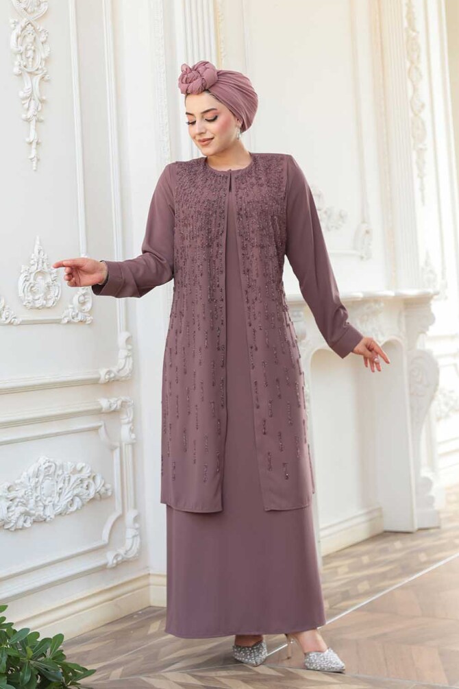 Boncuk İşlemeli Gül Kurusu Tesettür Abaya 29119GK - 1