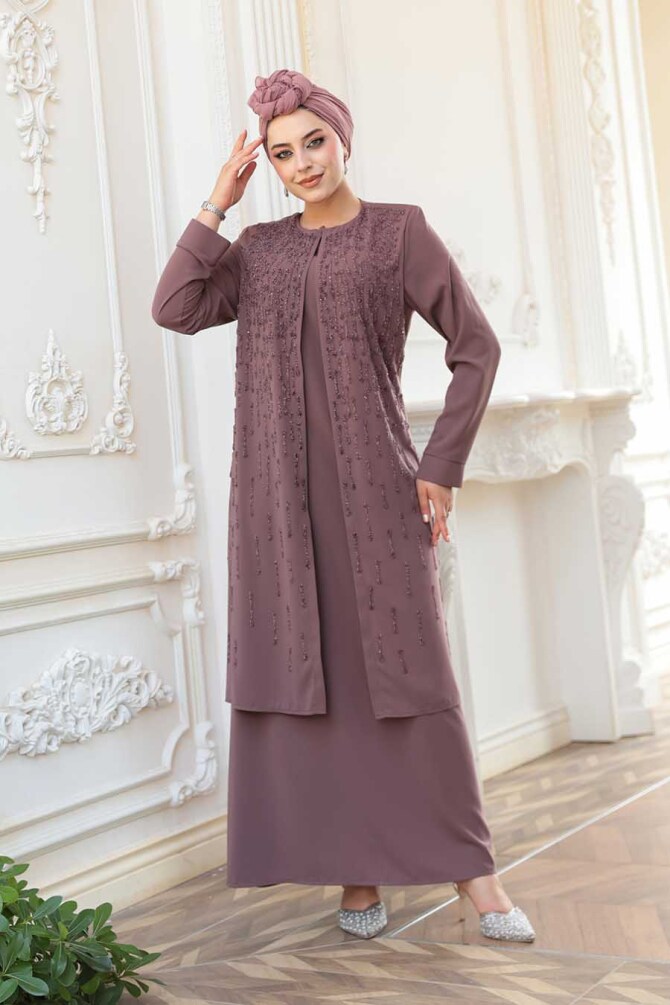Boncuk İşlemeli Gül Kurusu Tesettür Abaya 29119GK - 4