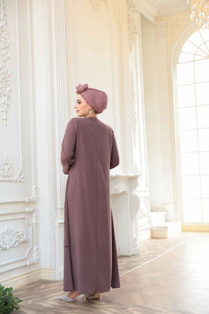 Boncuk İşlemeli Gül Kurusu Tesettür Abaya 29119GK - 5
