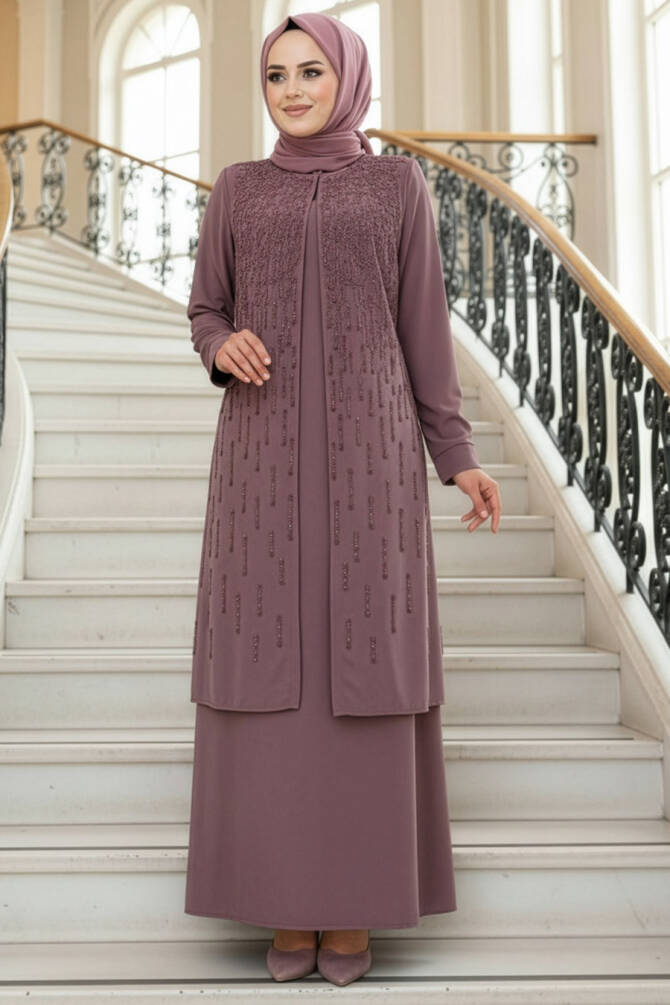 Boncuk İşlemeli Gül Kurusu Tesettür Abaya 29119GK - 1