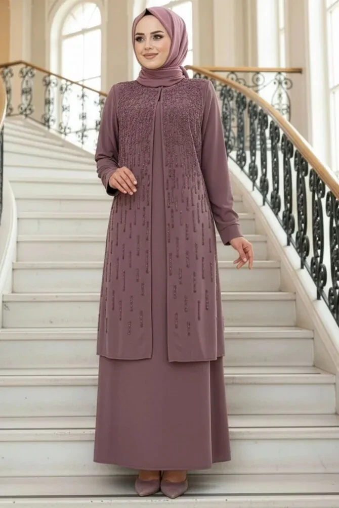 Boncuk İşlemeli Gül Kurusu Tesettür Abaya 29119GK - 1