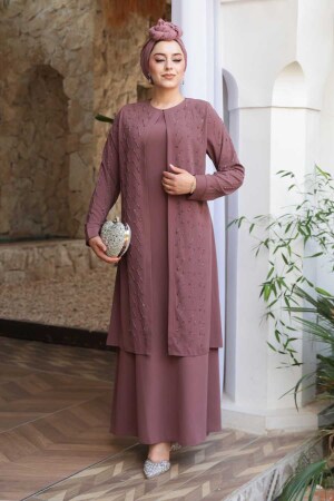 Boncuk İşlemeli Gül Kurusu Tesettür Abaya 29120GK - 2