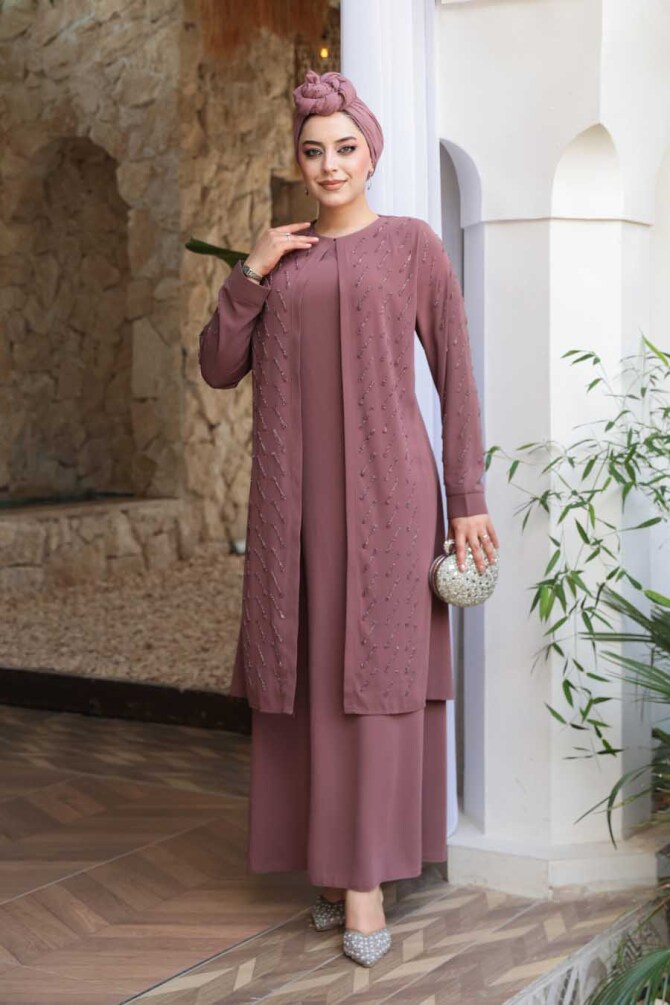 Boncuk İşlemeli Gül Kurusu Tesettür Abaya 29120GK - 1