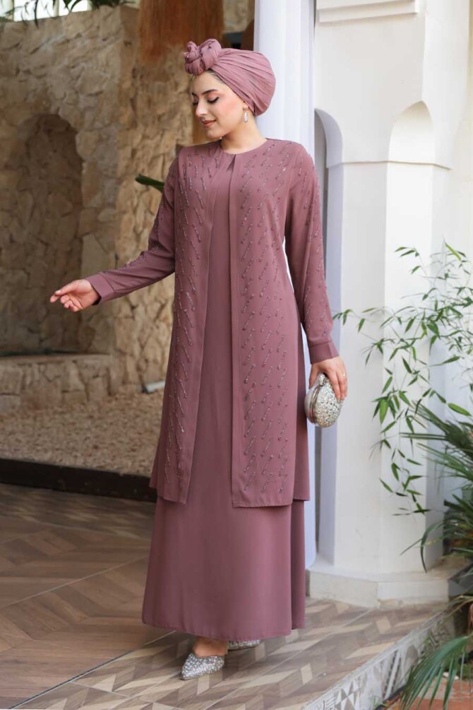 Boncuk İşlemeli Gül Kurusu Tesettür Abaya 29120GK - 3