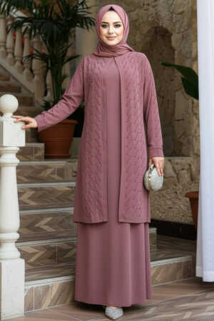 Boncuk İşlemeli Gül Kurusu Tesettür Abaya 29120GK - 1