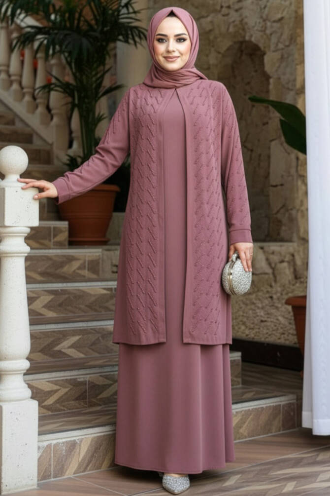 Boncuk İşlemeli Gül Kurusu Tesettür Abaya 29120GK - 1