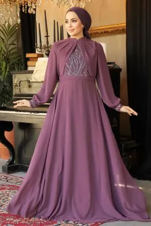 Boncuk İşlemeli Gül Kurusu Tesettür Abiye Elbise 25886GK - 1