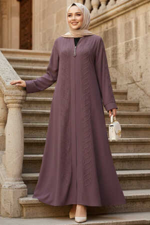 Boncuk İşlemeli Gül Kurusu Tesettür Ferace 29122GK - 1